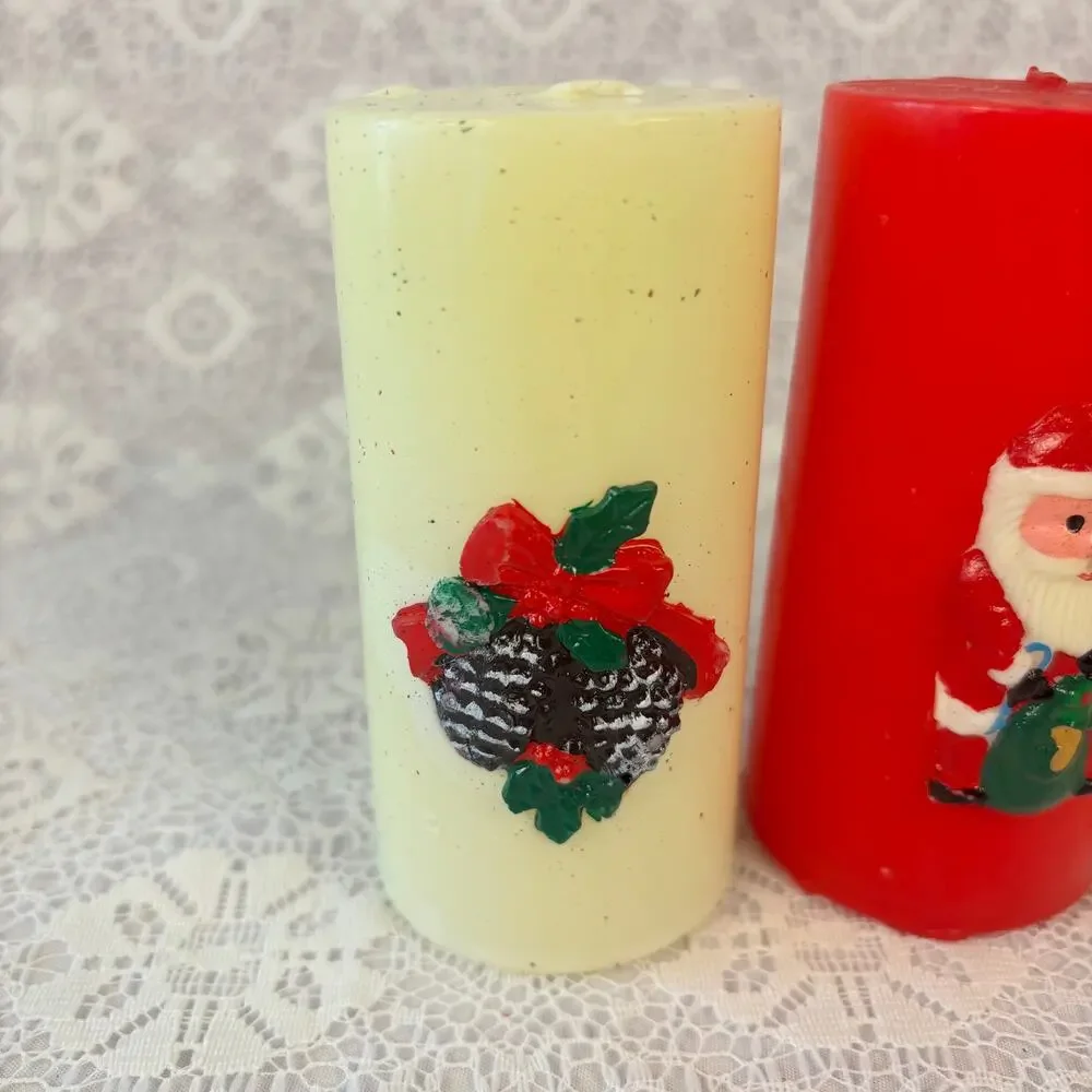 Set of 3 Vintage Christmas Pillar Candles Santa Bells Pinecones Holiday Decor